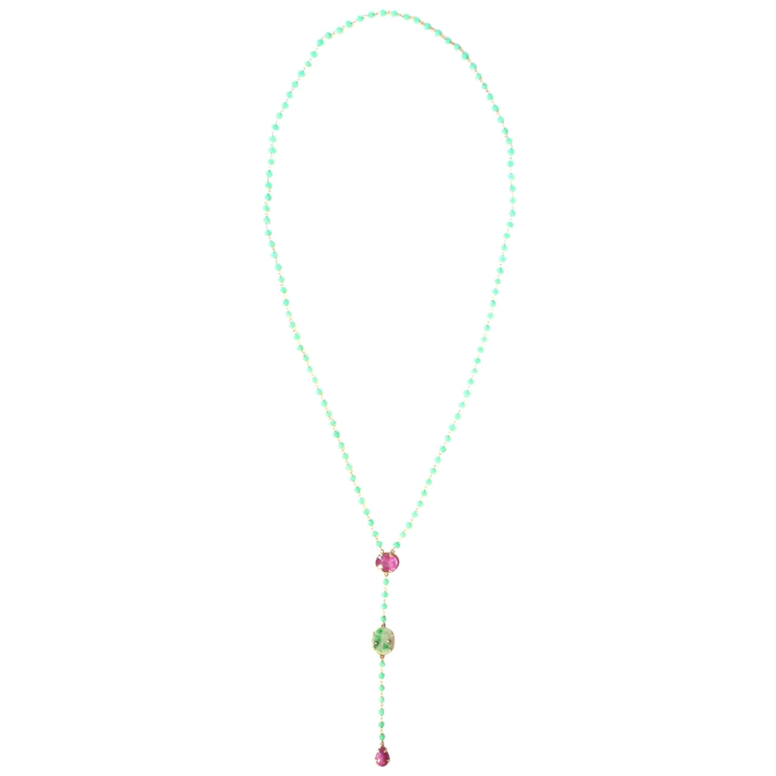 Long Rosario Necklace Emerald Tourmaline Jade Star Ruby 18 Karat Gold For Sale