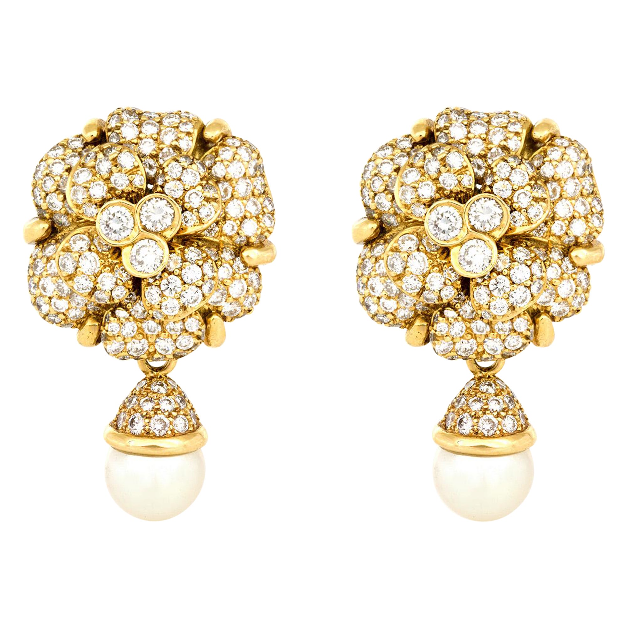 Vintage 1980s Chanel Diamond Camellia Flower Earrings with Pearl Drops