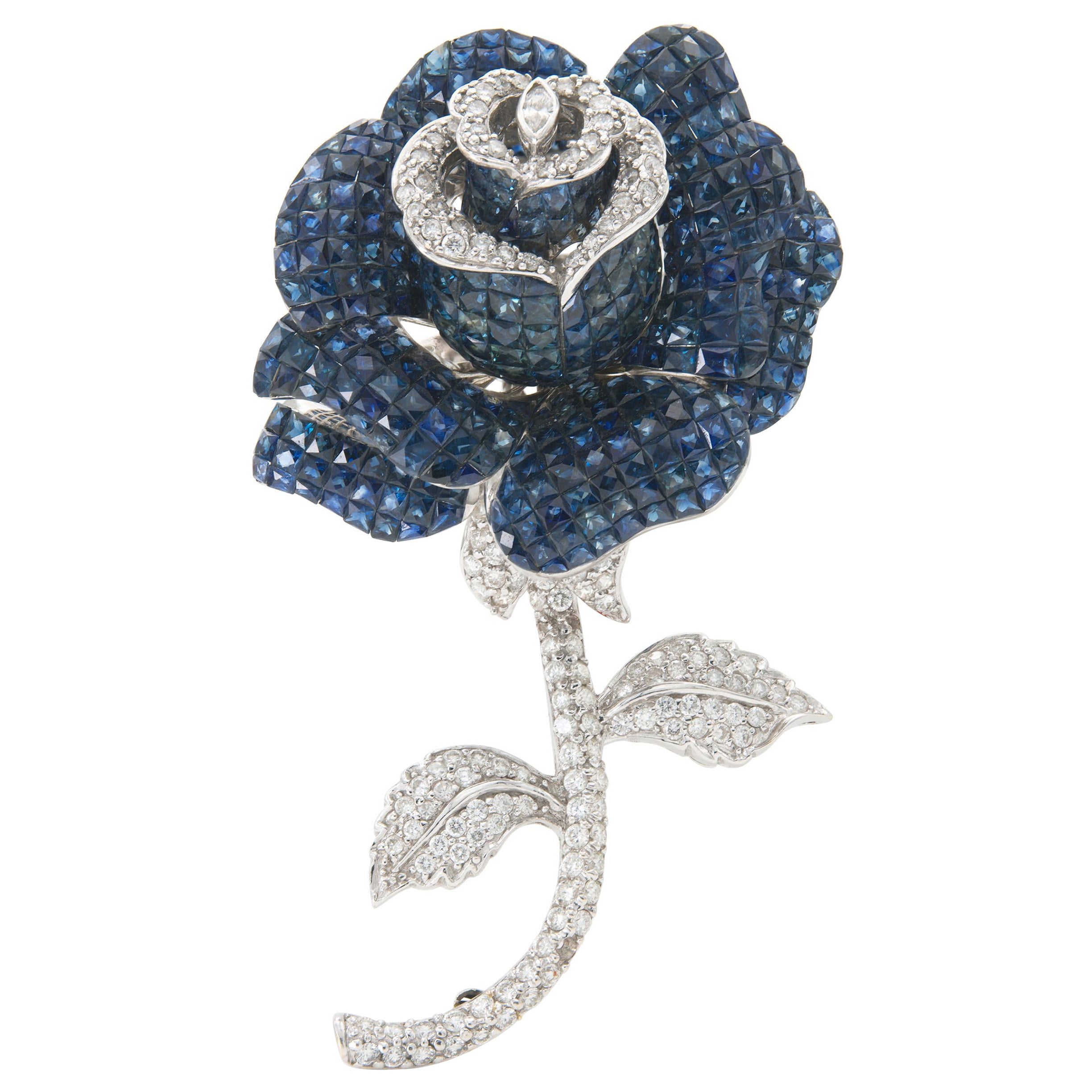 Vintage 1960s 70.14 Carat Invisible Set Sapphire Tremblant Rose Brooch