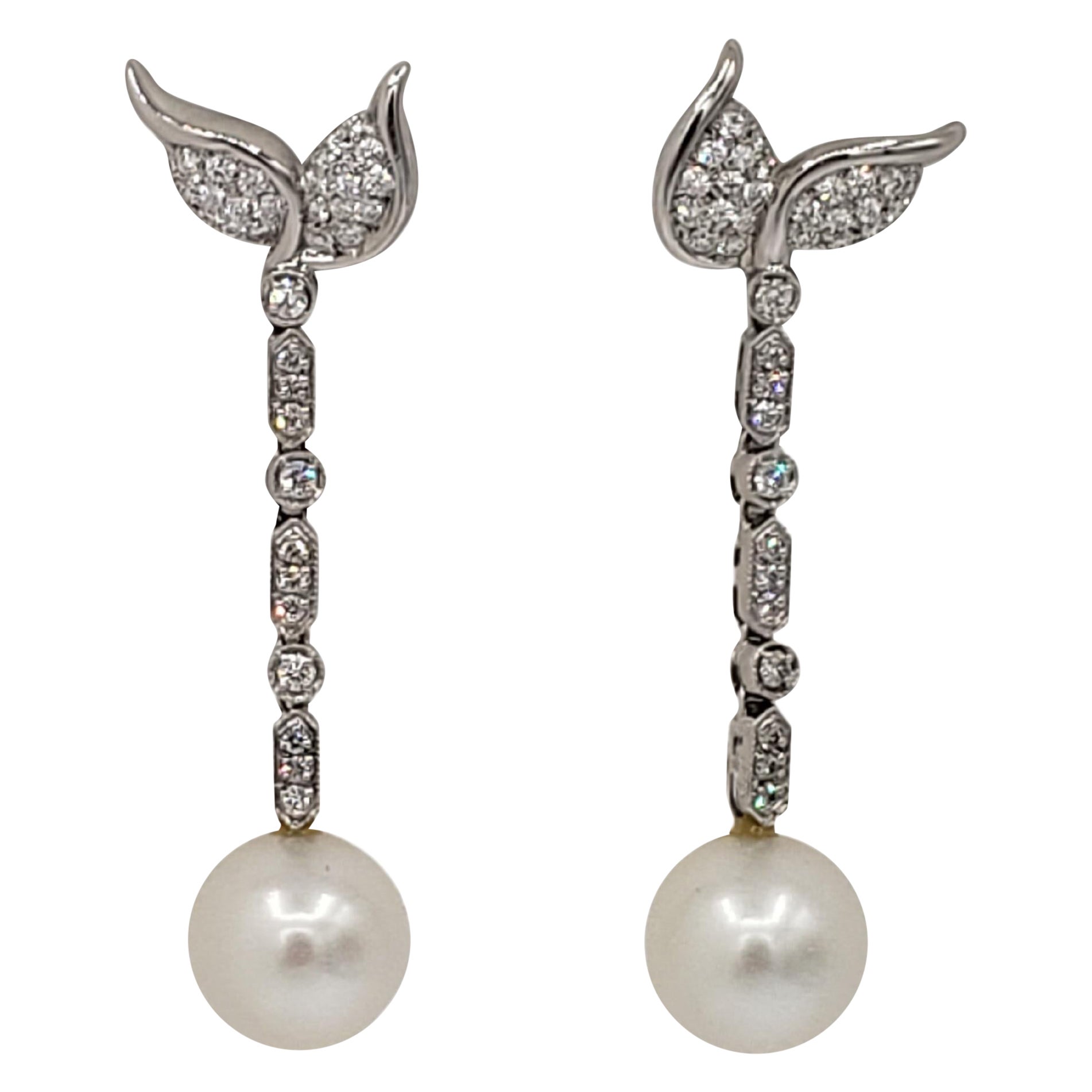 NEW Perfectly Round  White Top -Quality South Sea Pearls Diamond Drop Earrings