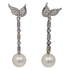 NEW Perfectly Round  White Top -Quality South Sea Pearls Diamond Drop Earrings
