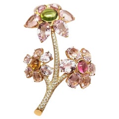 NEW GAL CERT Kunzite Tourmaline Diamond Flower Brooch 18K Gold LFPARIS Mark