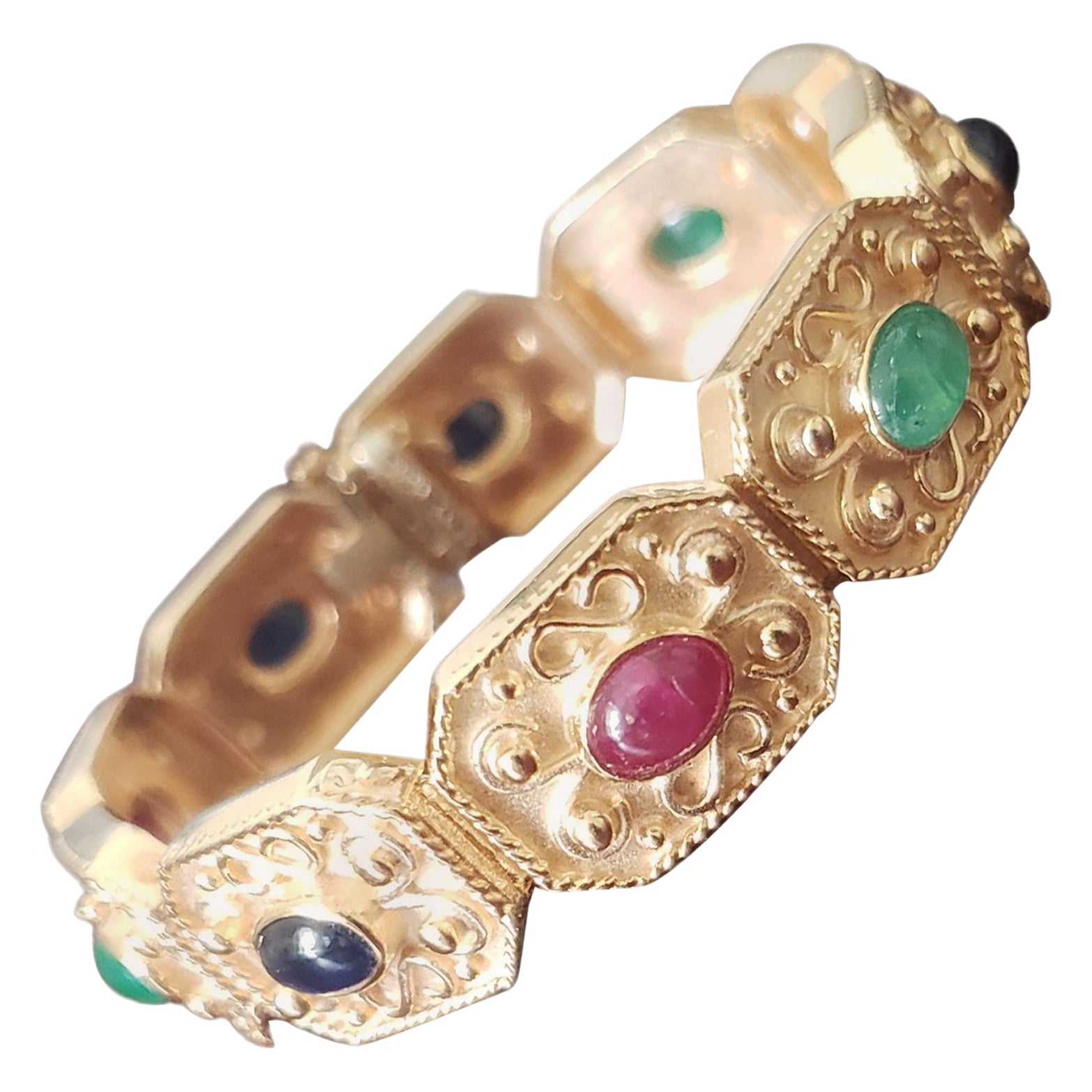 NUOVO Bracciale con rubino naturale, zaffiro e smeraldo in oro giallo massiccio 14 carati