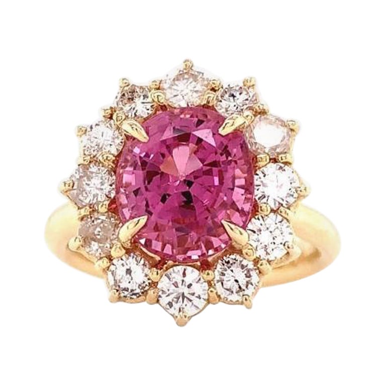 NEW GIA 3.67CT Untreated Natural Hot Pink Spinel Diamond Ring 14K Yellow Gold