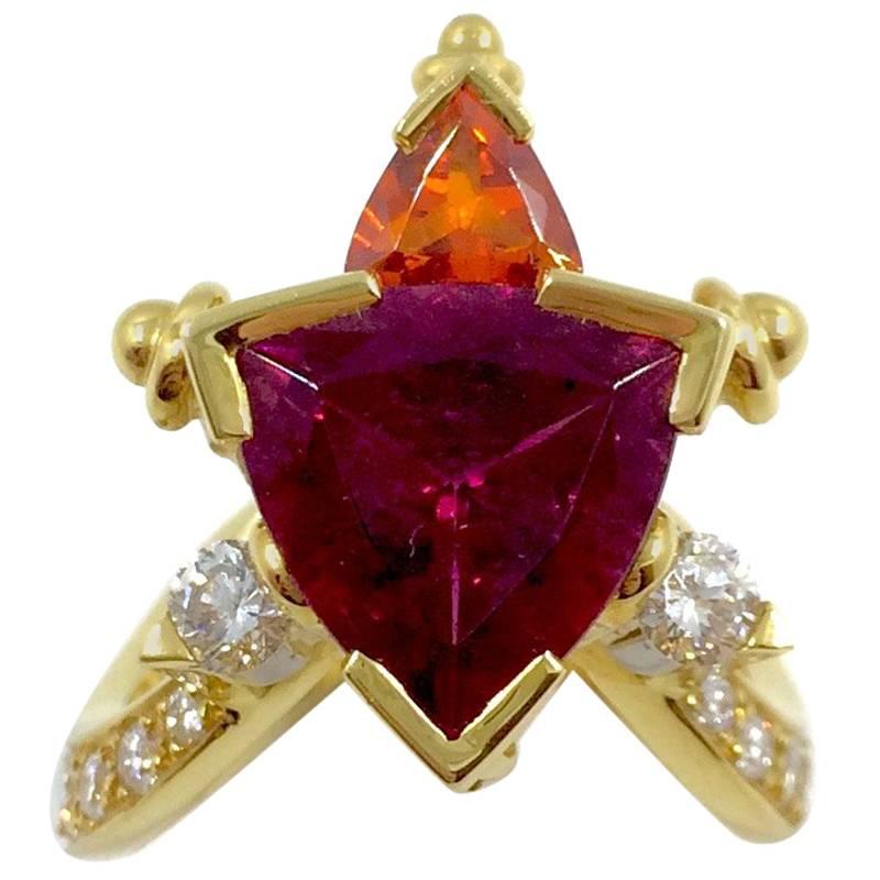 G. Minner Rubelite Mandarin Garnet Diamonds Gold Ring For Sale