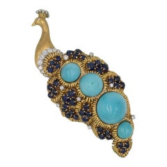 Large 18K Diamond Sapphire Turquoise Peacock Brooch