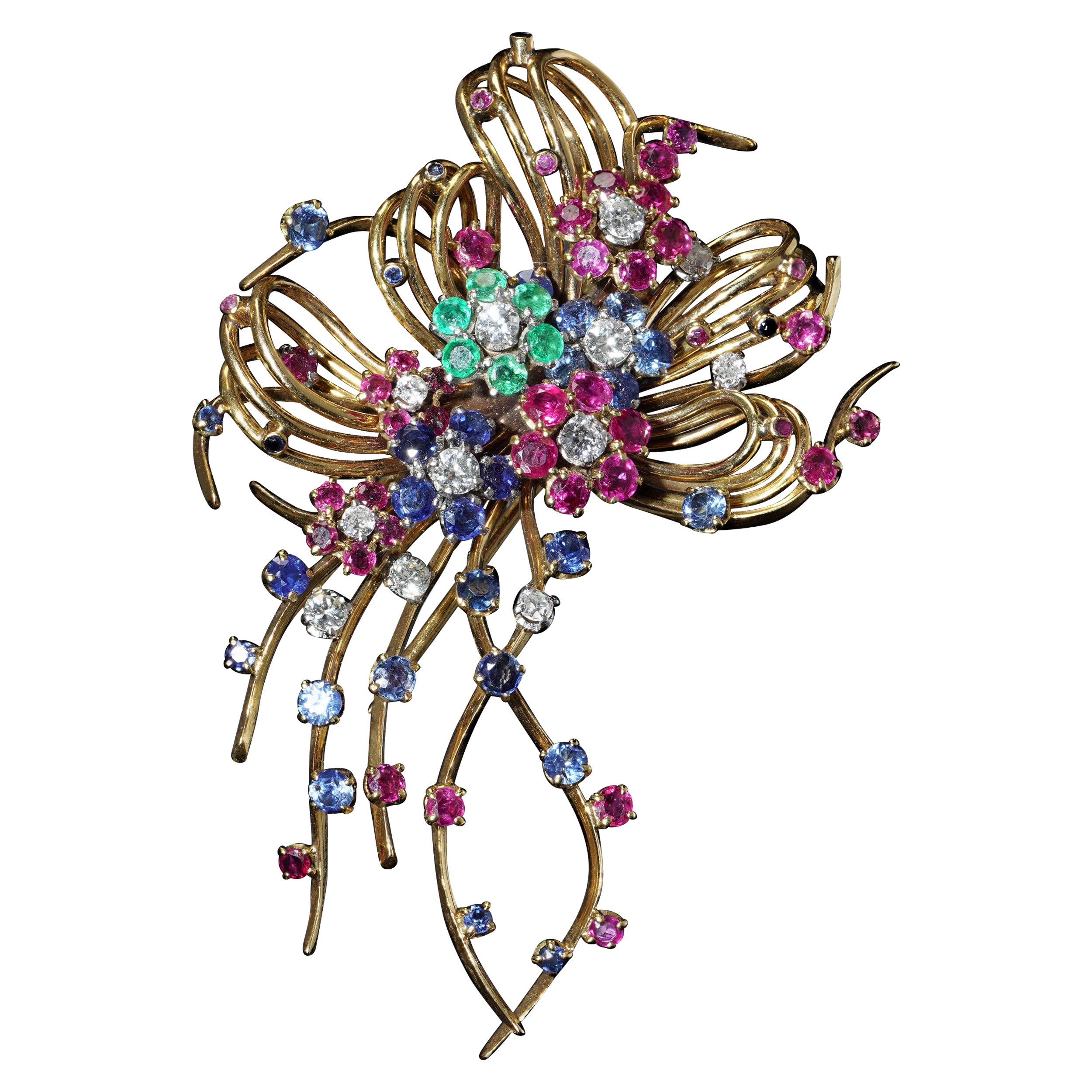 Vintage 18kt Yellow Gold Multi-Gem Brooch