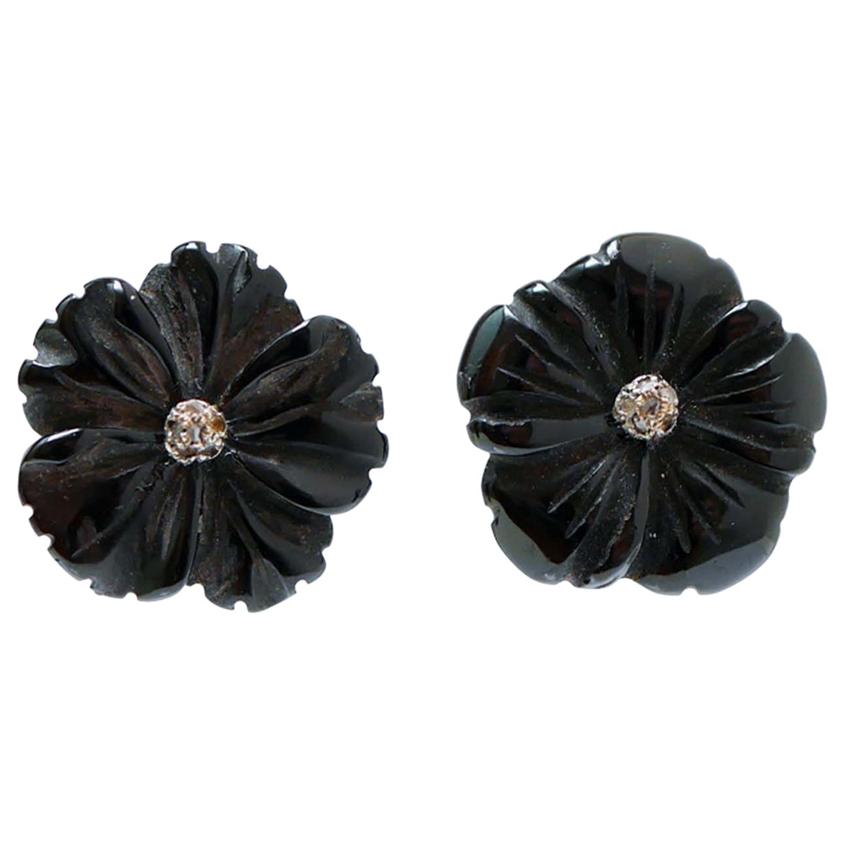 Onyx, Diamonds, Rose Gold and Silver Flower Earrings.