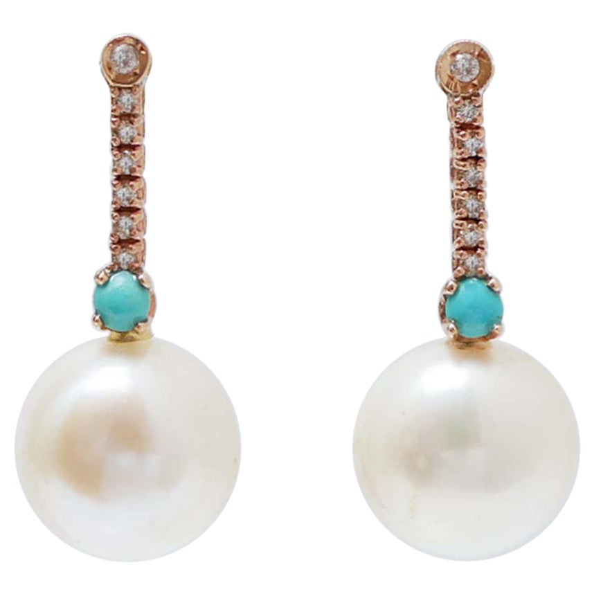 12.5 Mm Pearls, Turquoise, Diamonds, 14 Karat Rose Gold Tennis Earrings.
