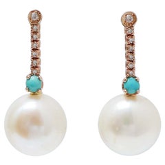 12.5 Mm Pearls, Turquoise, Diamonds, 14 Karat Rose Gold Tennis Earrings.