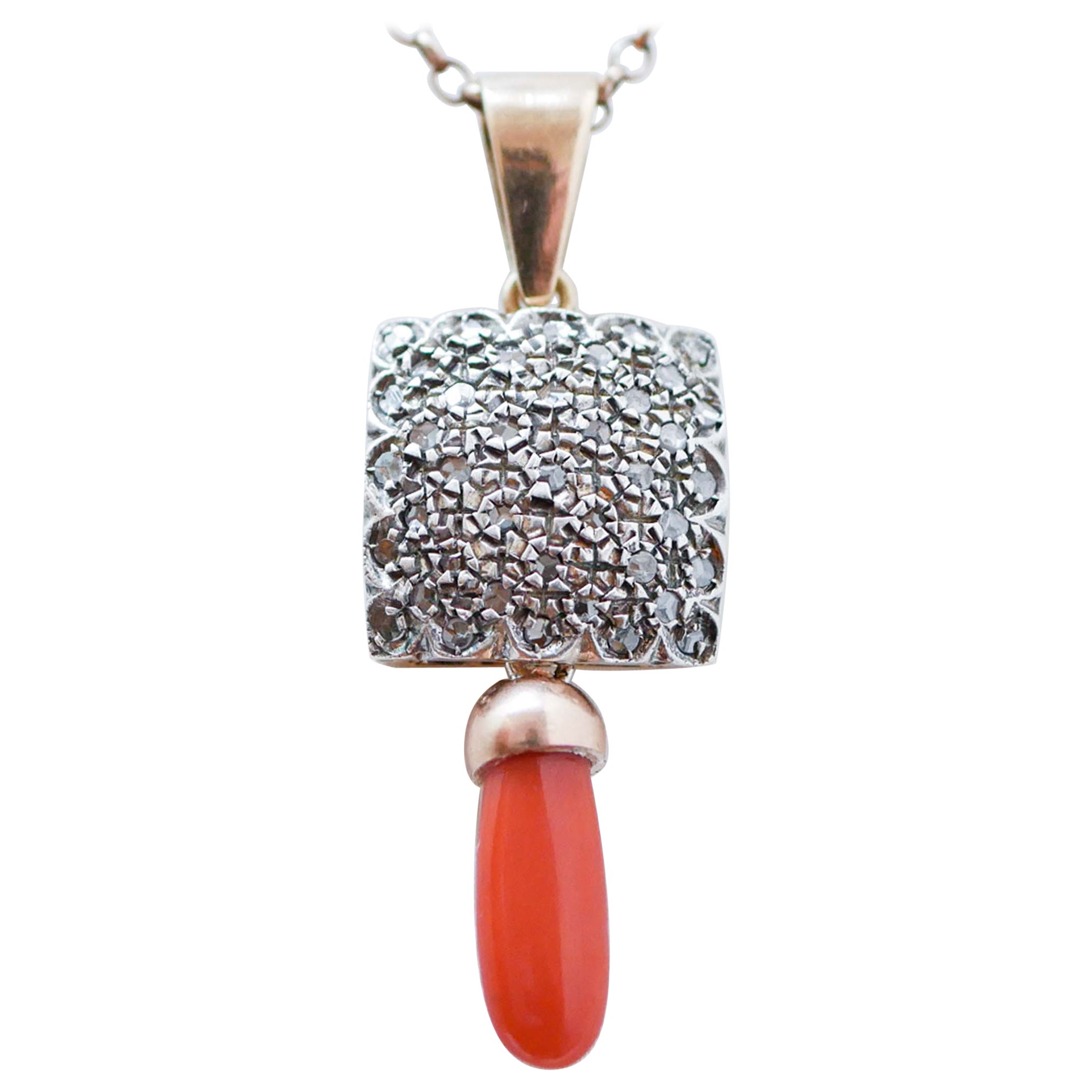 Coral, Diamonds, 14 Karat Rose Gold and Silver Pendant Necklace.