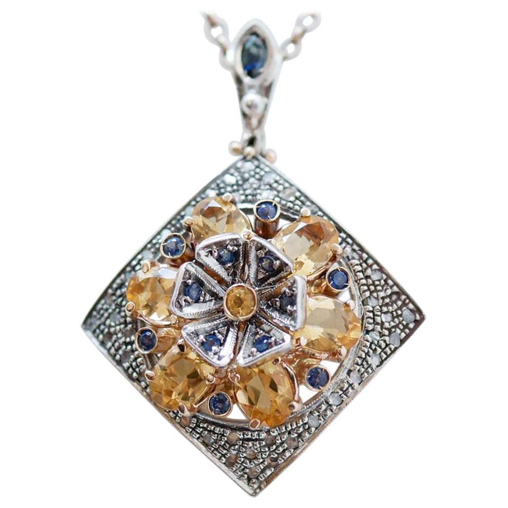 Sapphires, Diamonds, 14 Karat Rose Gold and Silver Pendant Necklace.