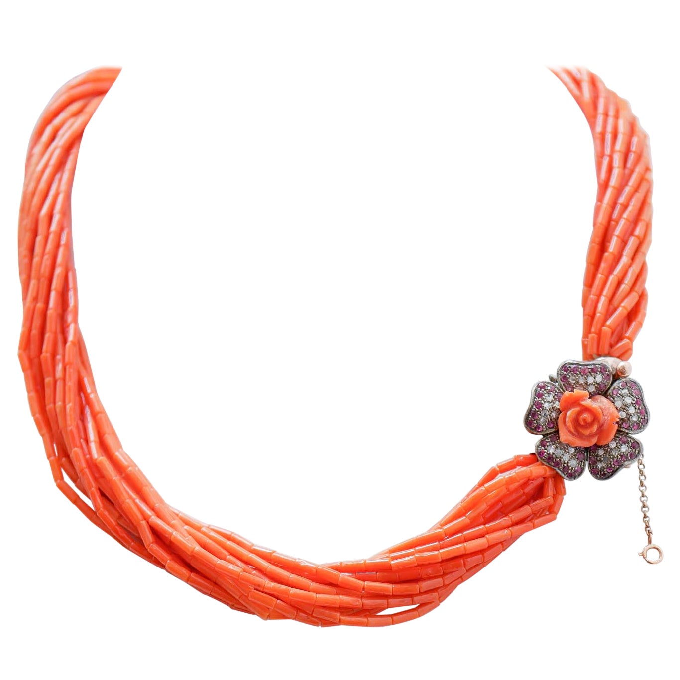 Collar de Coral, Rubíes, Diamantes, Oro Rosa y Plata.