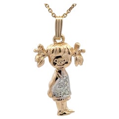 Little Girl Diamond Pendant Necklace 0.15 Carats 14 Karat Yellow Gold 4.4 Grams