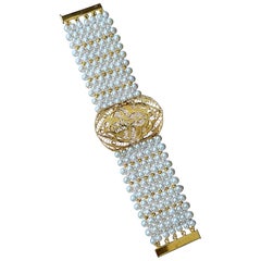 Marina J., bracelet tissé de perles unique en son genre avec centre plaqué or 18 carats vintage