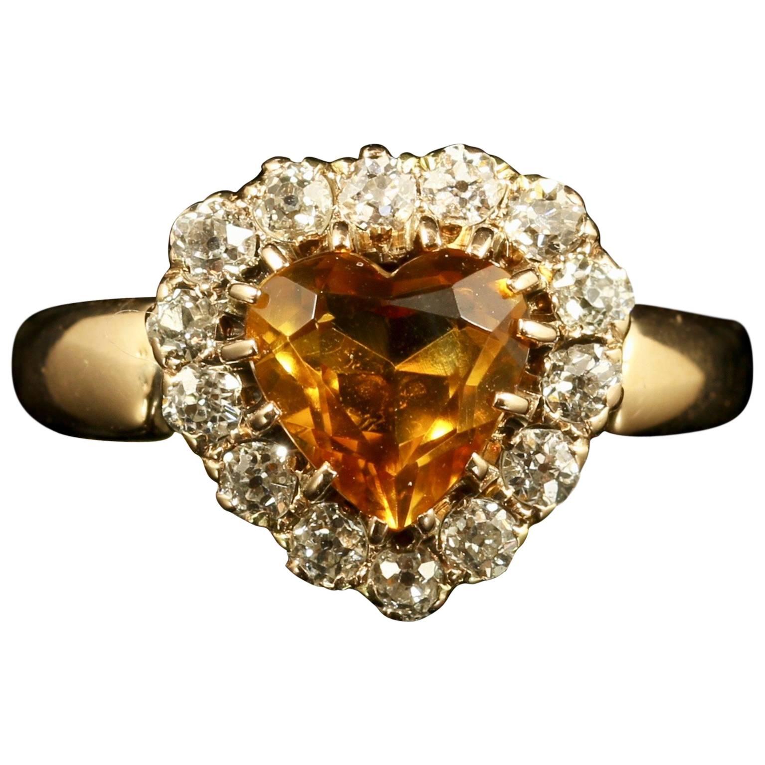 Antique Victorian Citrine Diamond Gold Heart Ring 