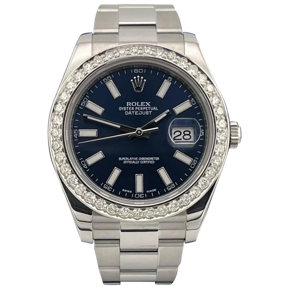 Rolex Datejust II 41MM Factory Blue Dial Montre avec lunette en diamants de 2,50 carats 116300