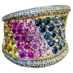 Ring aus 14 Karat Gold mit natürlichem, mehrfarbigem, blauem, rosa, gelbem, grünem und grünem Saphir und Dia-Saphir