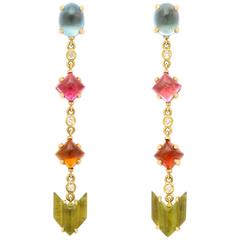 Semi Precious Stone Diamond Gold Drop Earrings