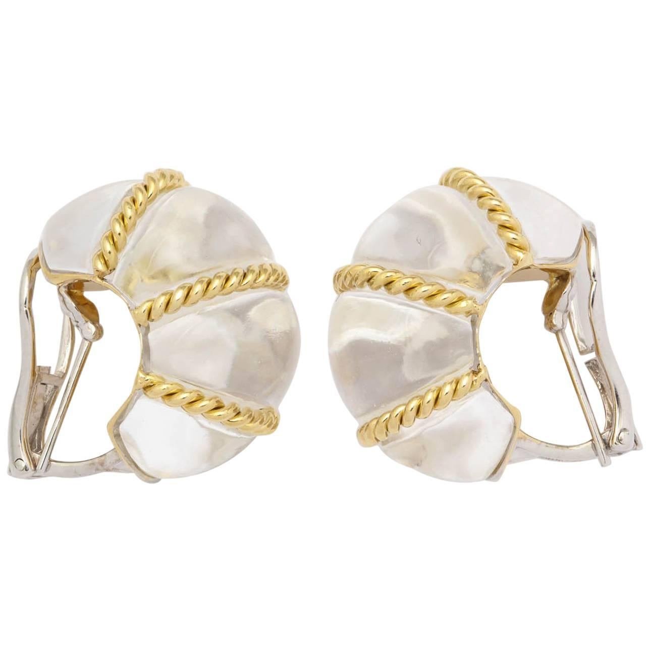 rock Crystal Gold shrimp design earrings  For Sale