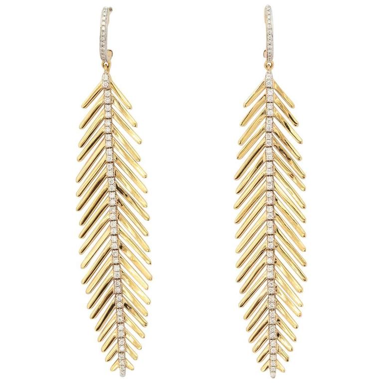Diamond Gold Flexible Feather Earrings at 1stDibs | diamond feather ...