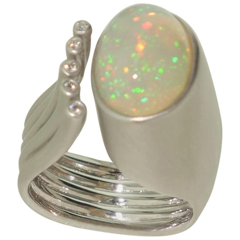 Vintage Solitaire Opal and Diamond Rhodium Sterling Silver Statement Ring For Sale