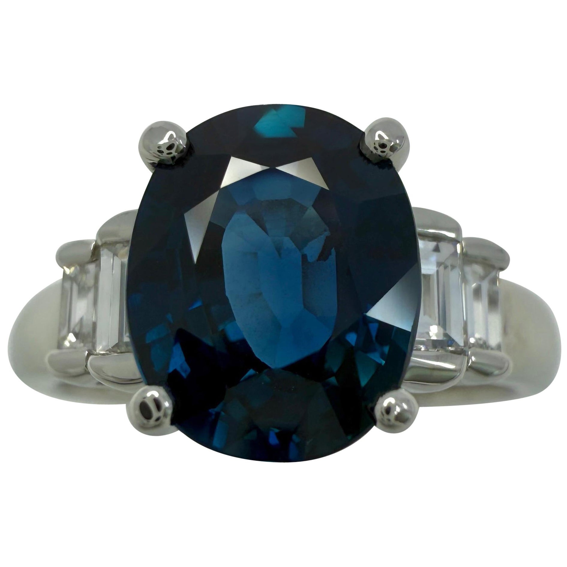 Natural 2.74ct Deep Blue Sapphire & Baguette Diamond Platinum Five Stone Ring