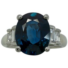 Natural 2.74ct Deep Blue Sapphire & Baguette Diamond Platinum Five Stone Ring