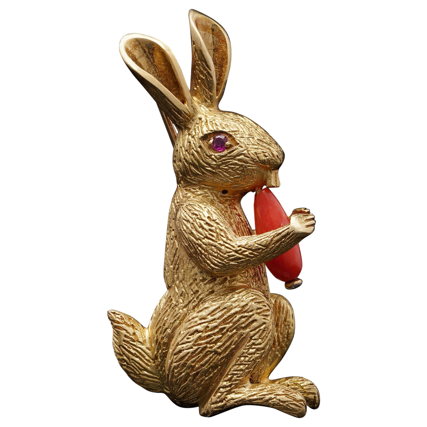 Tiffany & Co. 18kt Gold Bunny Brooch with Coral Carrot and Ruby Eye