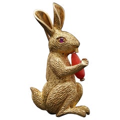 Tiffany & Co. 18kt Gold Bunny Brooch with Coral Carrot and Ruby Eye