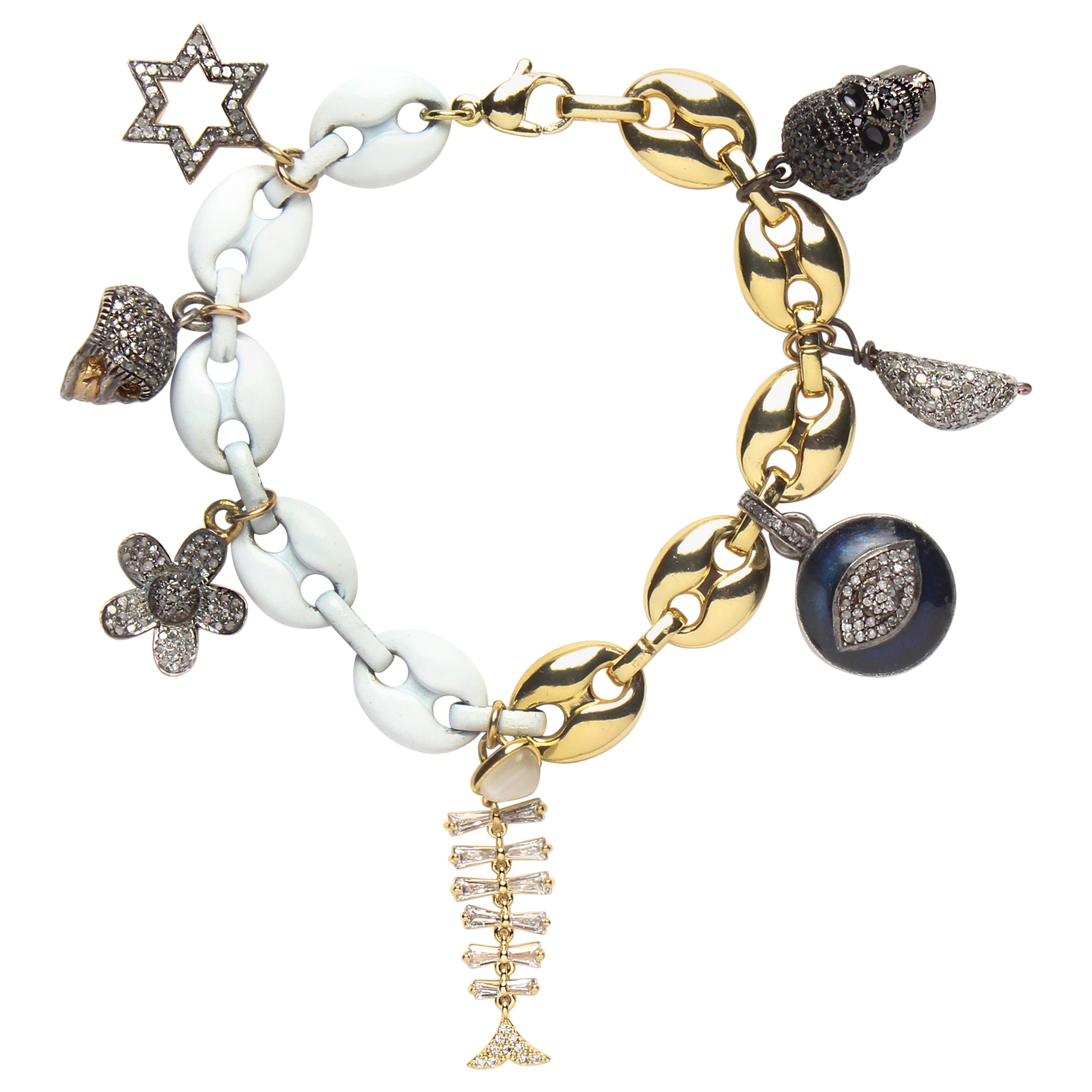 CLARISSA BRONFMAN White Enamel Gold Diamond Naval Link Charm Bracelet