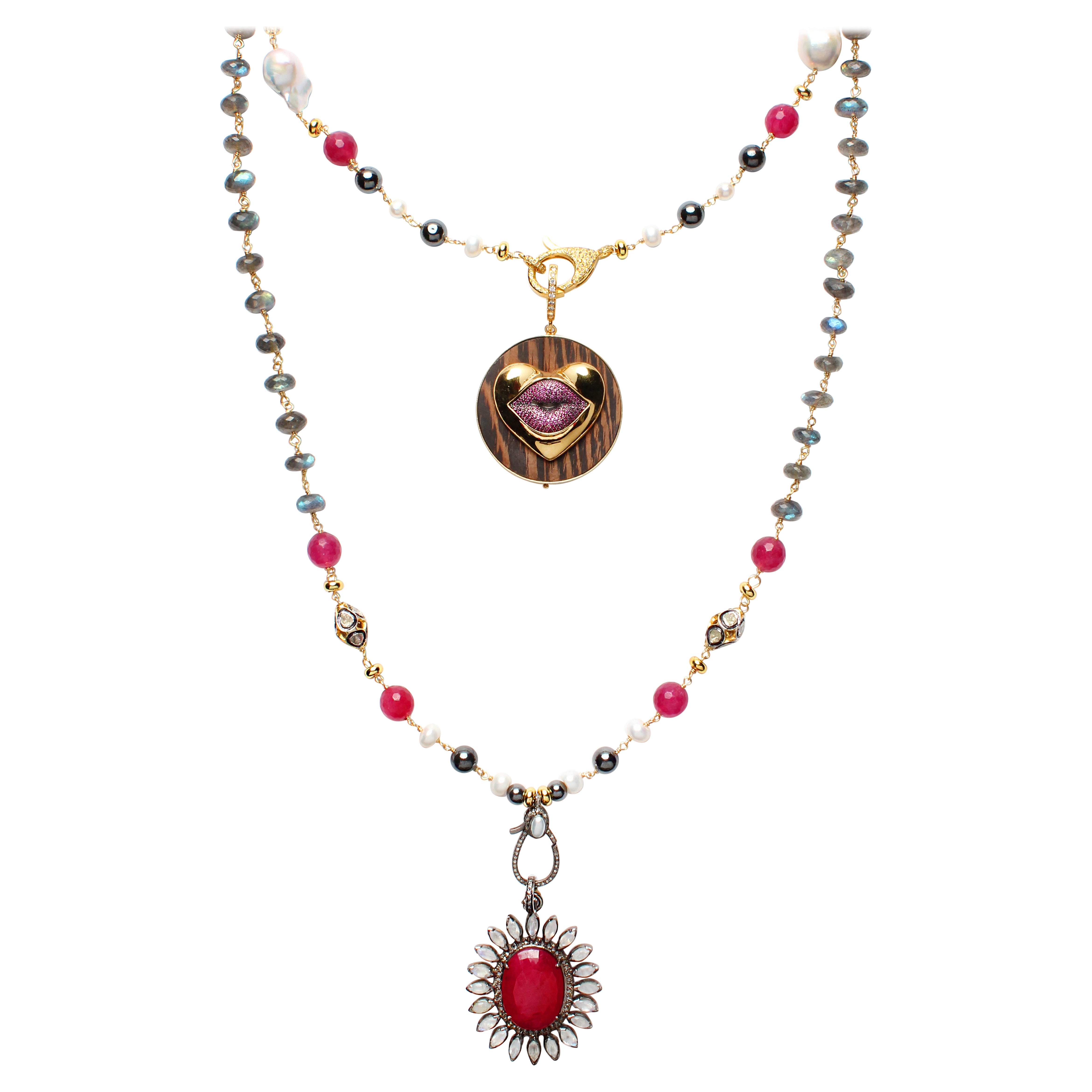 CLARISSA BRONFMAN Labradorite Ruby Pearl Diamond "Carmen" Necklace & Ebony Lips