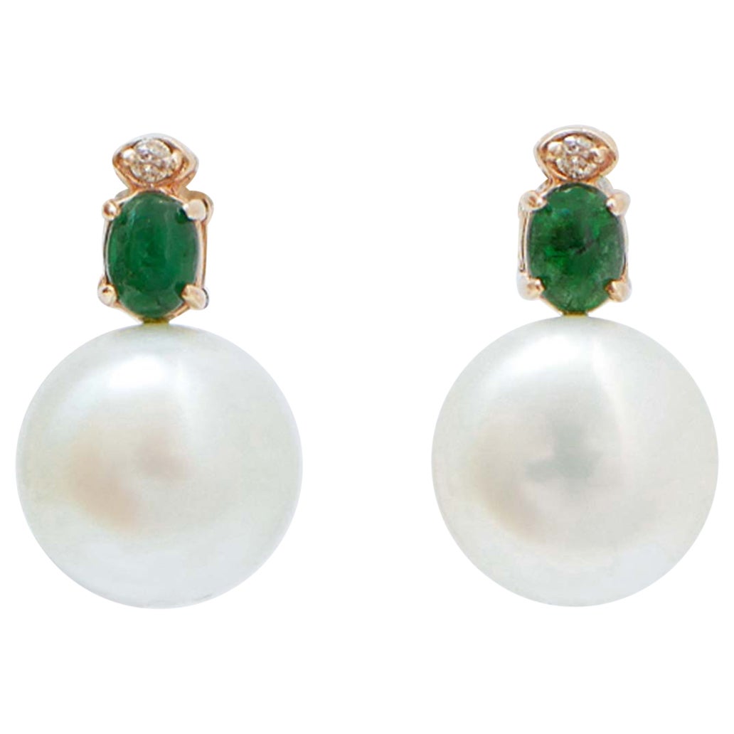 11 Mm Pearls, Emeralds, Diamonds, 14 Karat Rose Gold Earrings.