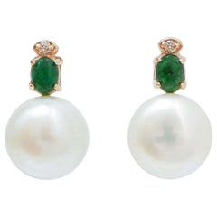 11 Mm Pearls, Emeralds, Diamonds, 14 Karat Rose Gold Earrings.