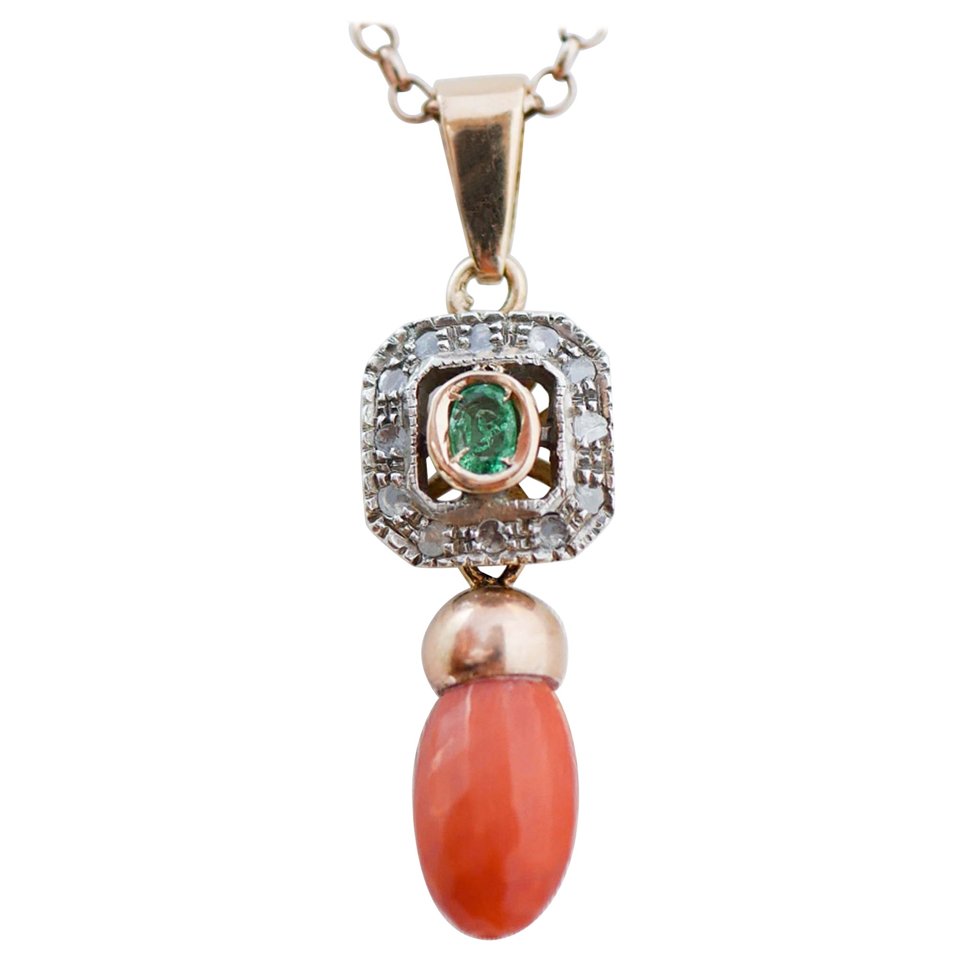 Coral, Emerald, Diamonds, 14 Karat Rose Gold and Silver Pendant.