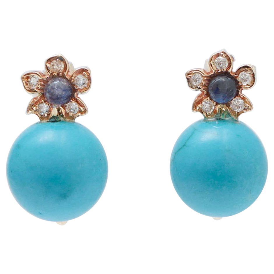 Magnesite, Sapphires, Diamonds, Rose Gold Flower Earrings.