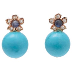Magnesite, Sapphires, Diamonds, Rose Gold Flower Earrings.