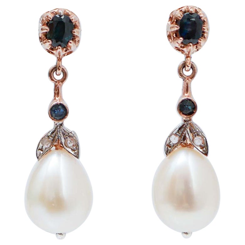 Pearls, Sapphires, Diamonds, Rose Gold and Silver Earrings.