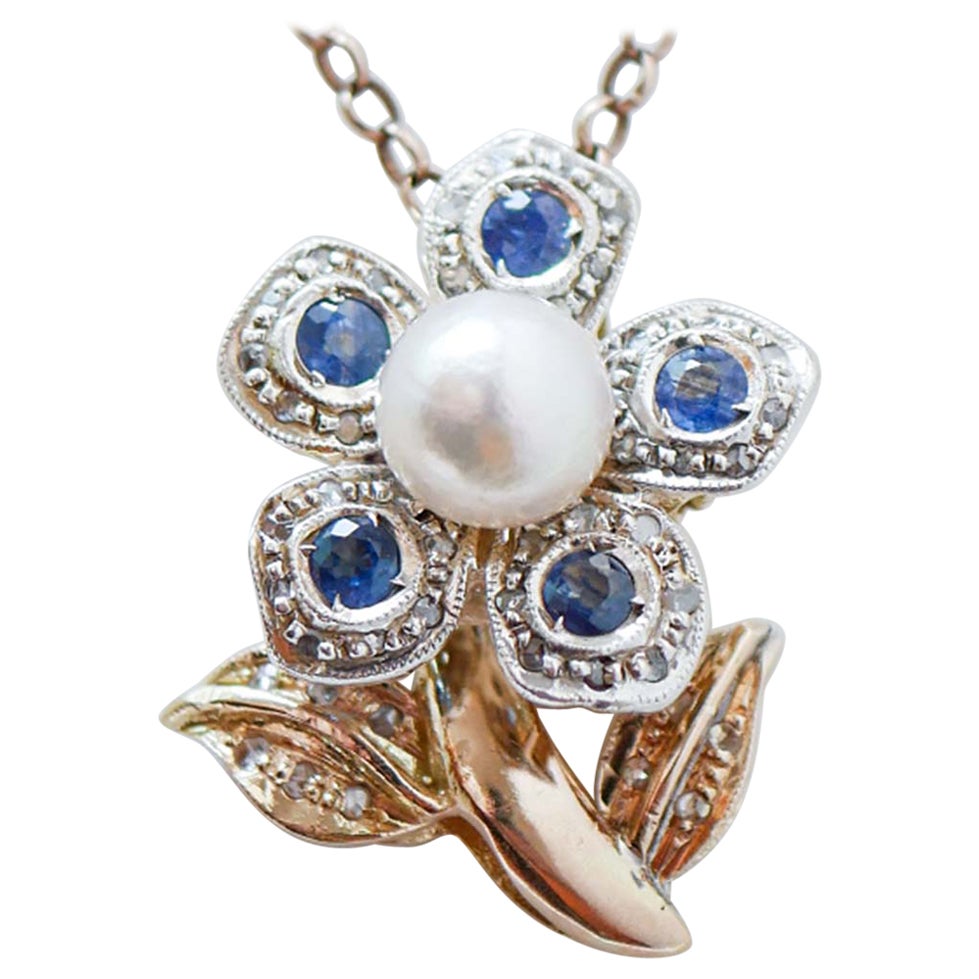 Pearl, Sapphires, Diamonds, 14 Karat Rose Gold and Silver Flower Pendant.