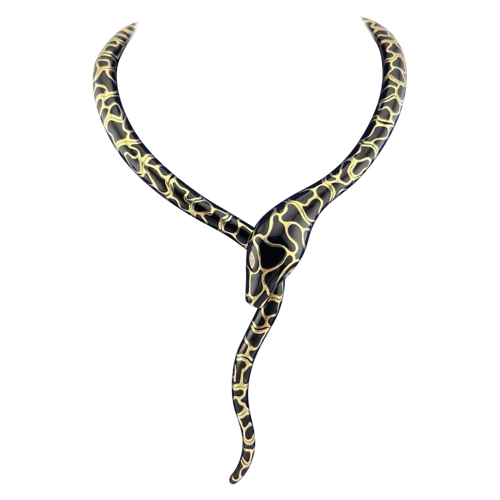 Serpent Snake 18k Yellow Gold Black Enamel Italian Necklace