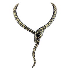Serpent Snake 18k Yellow Gold Black Enamel Italian Necklace