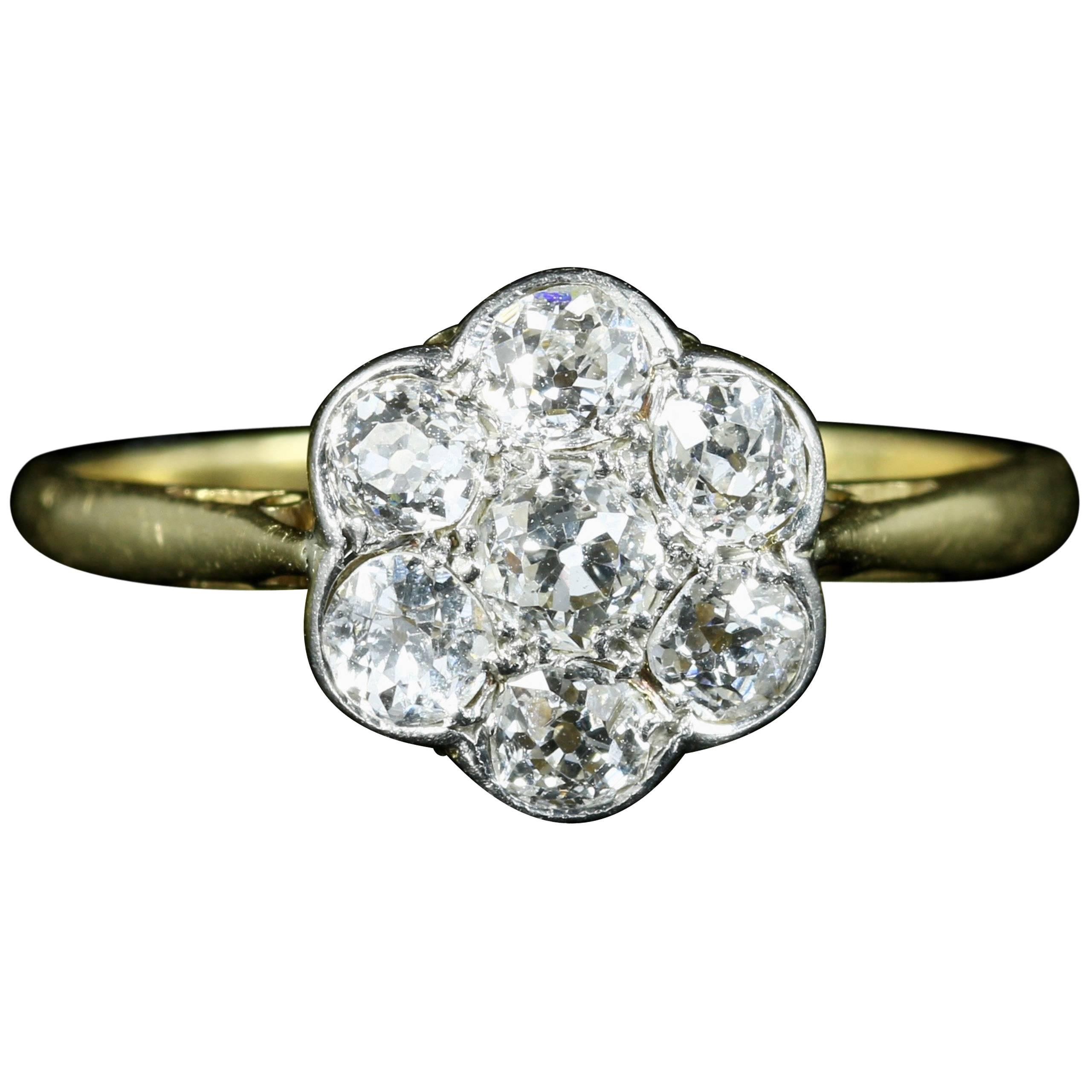 Antique Edwardian Diamond Yellow Gold Platinum Daisy Ring 