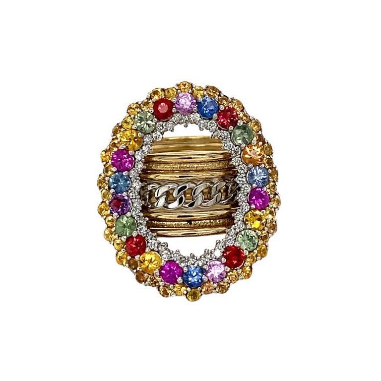 Anillo de cóctel de oro amarillo con zafiros naturales multicolor y diamantes naturales