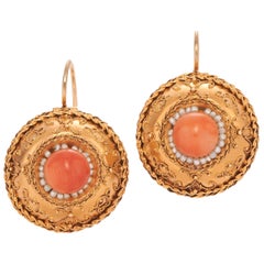 Etruscan Revival Gold Coral and Seed Pearl Pendant Earrings, circa 1860s