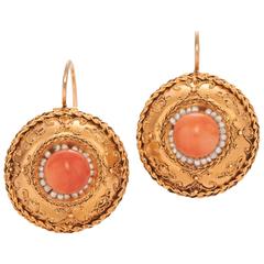 Etruscan Revival Gold Coral and Seed Pearl Pendant Earrings, circa 1860s 2