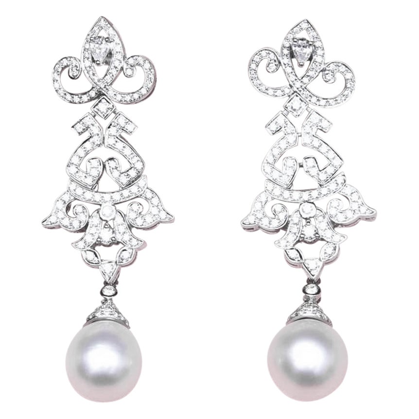 GIT Certified South Sea Pearls Diamonds 18K Gold Art Deco Earrings