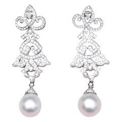 GIT Certified South Sea Pearls Diamonds 18K Gold Art Deco Earrings
