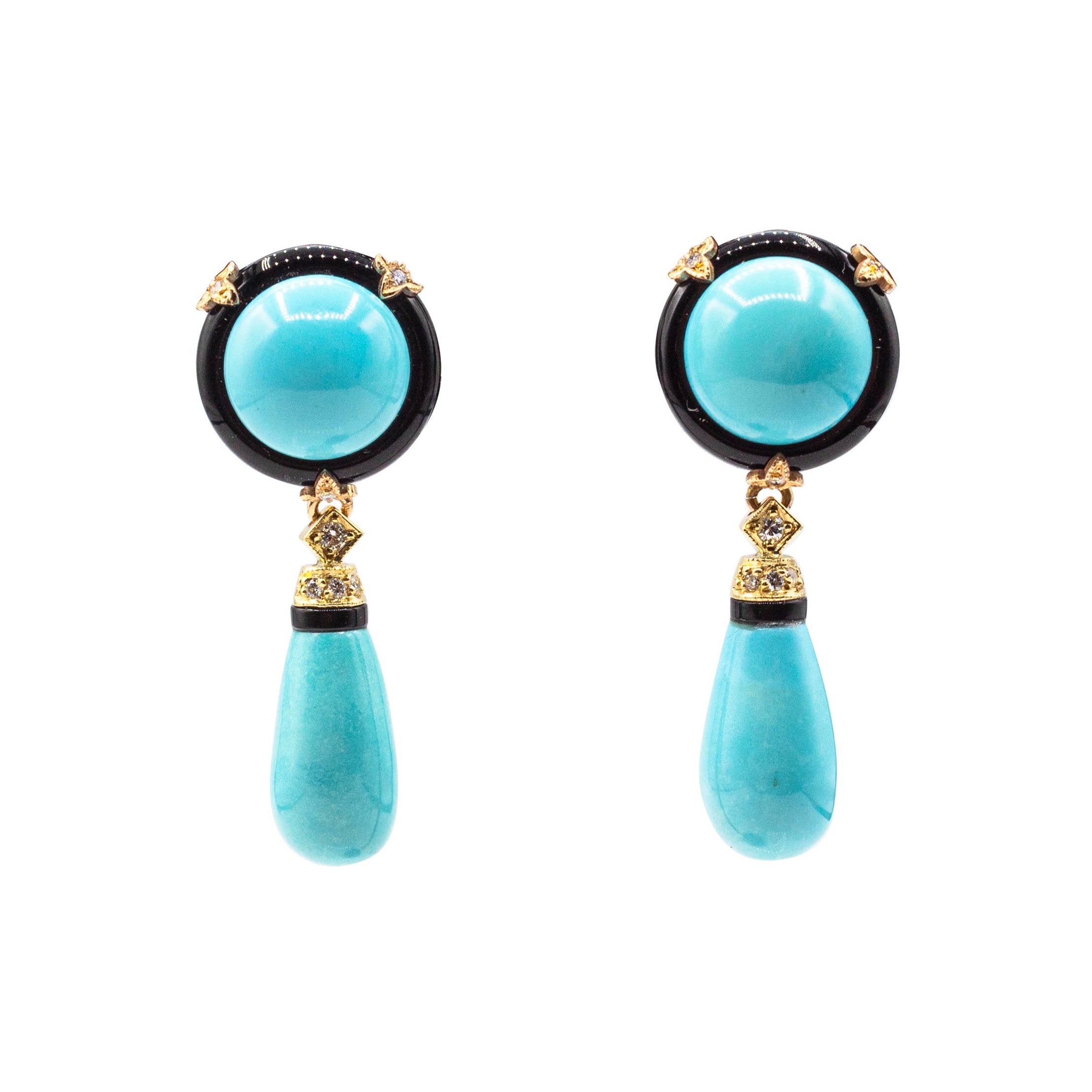 Art Deco Style White Diamond Natural Turquoise Onyx Yellow Gold Drop Earrings