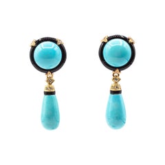 Orecchini a goccia in oro giallo con diamante bianco, turchese naturale e onice, in stile Art Deco