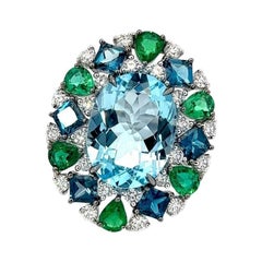 Timeless Smaragde Blauer Topas Diamant 18K Weißgold Exklusiver Ring Medium